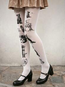 1 Pair Plus Size Cat Print High Elasticity Tights, Sexy Fashion Cute Y2K Style, Suitable For Daily Wear, Dating, Spring/Autumn Parties - Multicolor - View 5