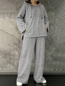 Women's Autumn/Winter Slouchy Mixed Color Hooded Top & Straight Leg Sweatpants Minimalist Casual 2-Piece Set - Grey - View 3