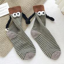 1 Pair Funny 3D Holding Hands Mid-Calf Socks, Novel Striped Socks With Plush Big Eyes And Soft Hand Decoration, Suitable For Couples, Family Gatherings, Party Gifts, Daily Home Couple Outfits - Multicolor - View 9