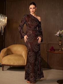 Elegant Burgundy Mermaid Long Sleeve Asymmetrical Sequin Dress, Women's Charming Formal Evening Gown With Ruched Details - Coffee Brown - View 8