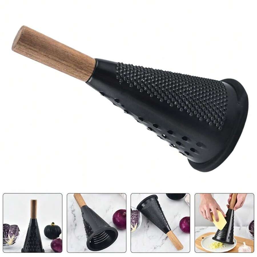 Stainless Steel Cone Cheese Grater, Multi-Function Vegetable Shredder With Wooden Handle And Non-Slip Base For Cheese, Garlic, Potato And Carrot - Black - View 1