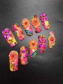 10 buah kuku tempel persegi buatan tangan ukuran 3,3 cm dengan hiasan kumbang, bunga, dan rhinestones, set stiker kuku, cocok untuk musim wisuda, liburan, dan pesta. Aksesoris kuku. Stiker kuku palsu dan perlengkapan manikur. - MultiWarna - View 3