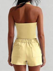 XLLAIS Sexy Backless Camisole, Fashionable Square Neck Elastic Casual Slim Fit Summer Tank Top, Yellow Holiday - Yellow - View 4