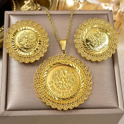 3pcs/Set 18K Gold Plated Vintage Coin Pendant Necklace For Women, Lace Hollow Frame Medallion Coin Necklace Retro Daily Party Jewelry