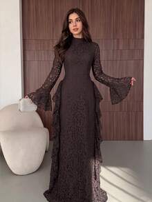 Women's Elegant Long Lace Dress With Bell Sleeves - Brown - View 4