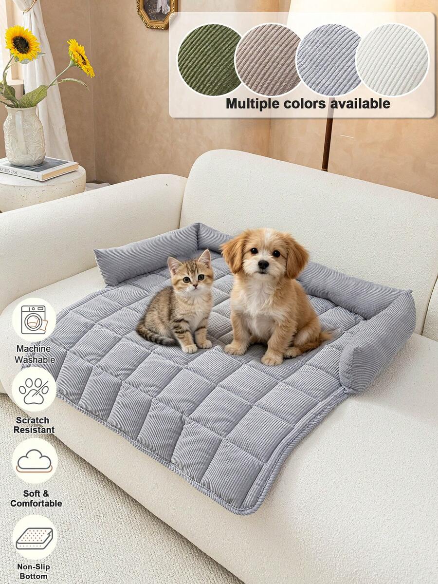 1PC Corduroy Grid Bolster Pet Sofa Bed, Machine Washable, Suitable For All Seasons, Scratch Resistant With Non-Slip Bottom, Soft Comfort Sleeping Cushion For Small Dogs And Cats - Grey - View 1