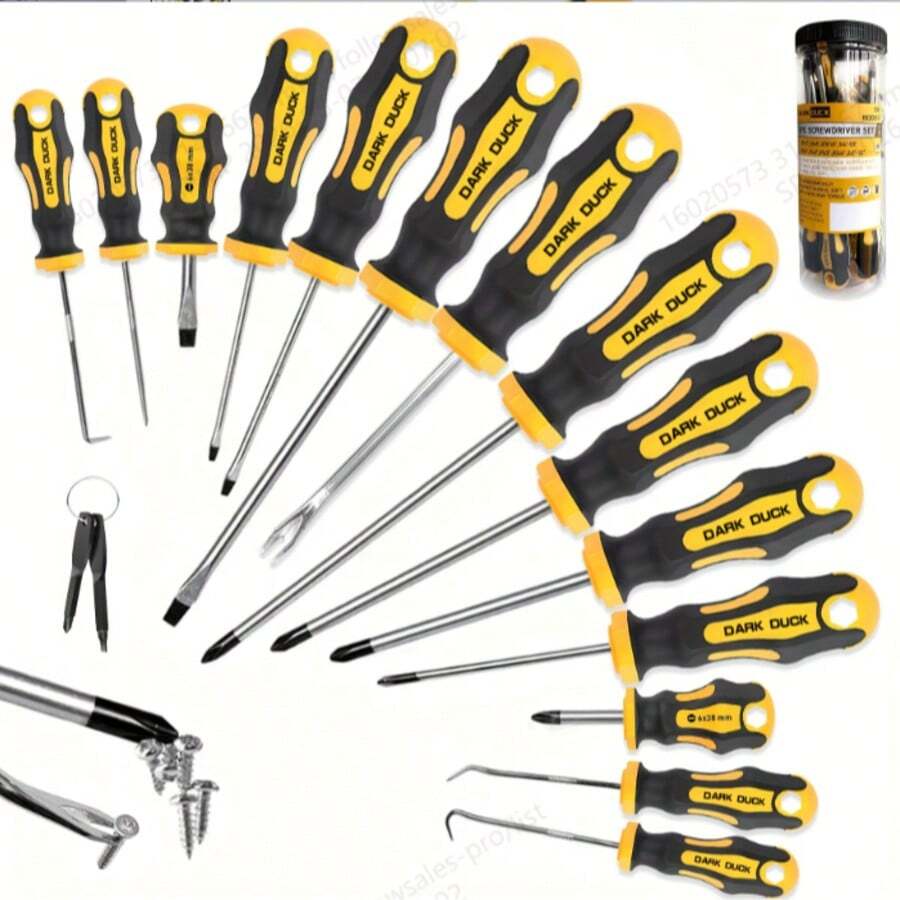 Herramientas manuales esenciales para el hogar, herramientas profesionales para hombres, juego de destornilladores magnéticos, 1 pieza de cabeza plana, color del mango negro + amarillo, herramientas - A - Ver 1