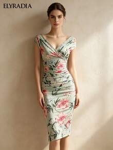 ELYRADIA Summer Dress For Elegant Ladies With Sexy Style, Sleeveless Deep V-Neck Floral Print Pattern, Fitted And Pleated Wedding Guest Luxurious Evening Dress - Baby Blue - View 7