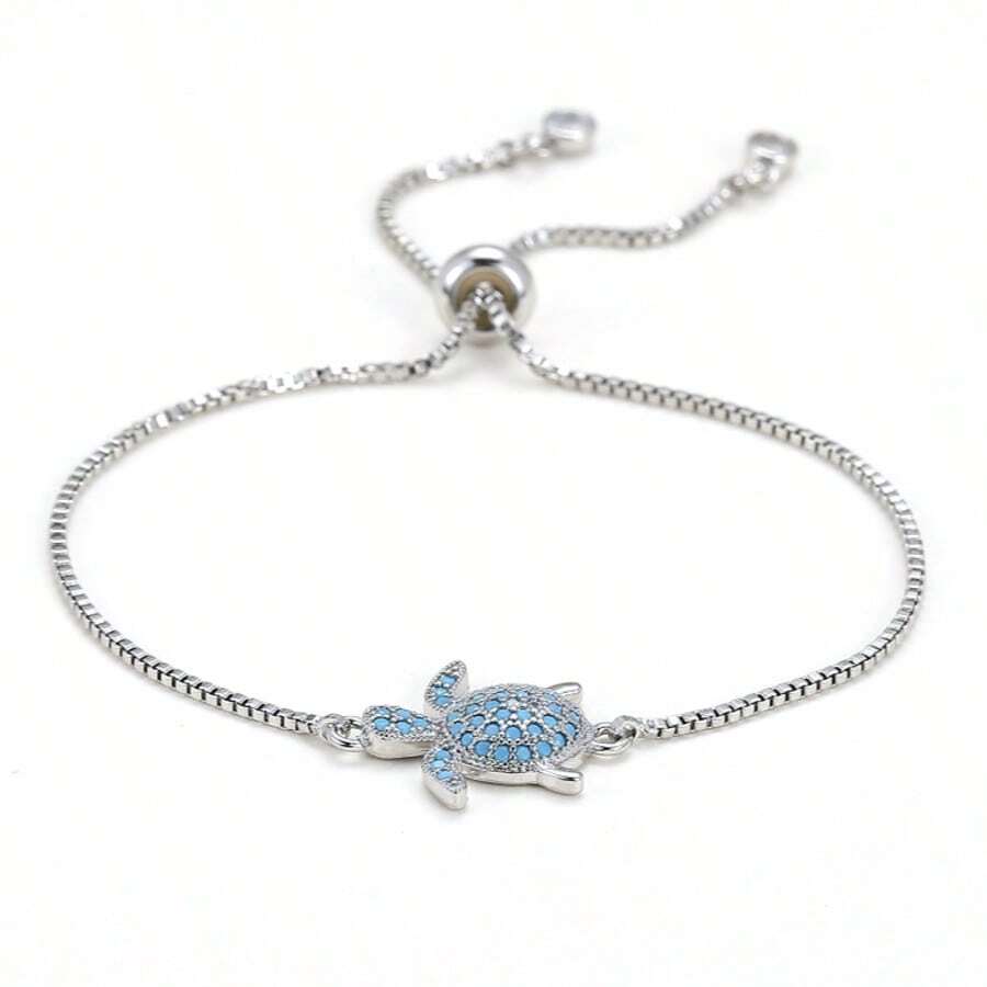 1pc Personalized Hip-Hop Versatile Colorful Zirconia Turtle Copper Cute Bracelet For Women, Suitable For Daily Wear And Festivals - Baby Blue - View 1