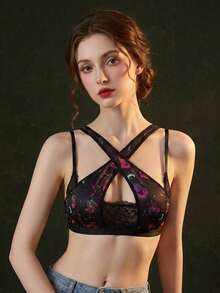 1pc Halloween Pumpkin Print Women's Lace Patchwork Wireless Bra - Black - View 1