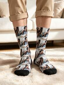 Custom Photo Printed Mid-Calf Socks, White Base With Black Toe Cap, Soft Elastic Knit Fabric, Personalized Photo Socks, Suitable For Family And Couples - Multicolor - View 2