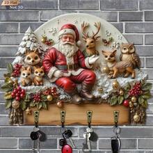 Christmas Animal Santa Claus Key Holder, Wooden Multi-Function Home Key Rack With 4 Metal Hooks, Suitable For Wall Decor, Porch Decor, Room Decor, Villa Decor And All-Season Home Decoration - Multicolor - View 1