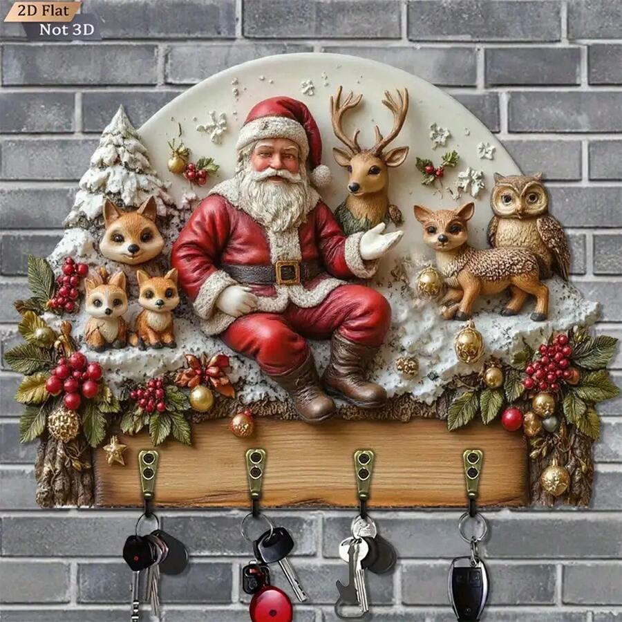 Christmas Animal Santa Claus Key Holder, Wooden Multi-Function Home Key Rack With 4 Metal Hooks, Suitable For Wall Decor, Porch Decor, Room Decor, Villa Decor And All-Season Home Decoration - Multicolor - View 1