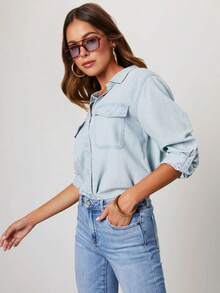 Women's Collared Denim Button Down Shirt Chest Patch Pockets Roll Tab Long Sleeve Loose Fit Casual Blouse Street Shopping Vacation Daily Basic Top - Light Blue - View 4