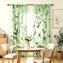 2件裝清新綠色系花卉印花輕薄透光窗簾，90GSM半透防窺，簡易穿桿安裝，耐洗不易褪色，輕量可機洗，適合居家房間與廚房裝飾及空間隔斷 - 彩色 - 查看 2