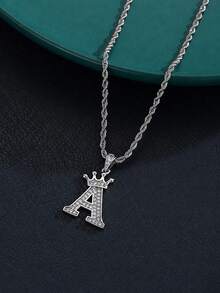 1pc Y2k Popular Rhinestone Paved Crown Initial Pendant Necklace Sliver Stainless Steel Twisted Rope Chain Necklace For Women Men - Silver - View 4