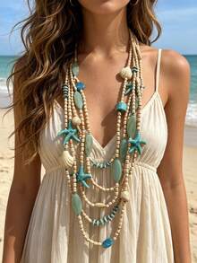 1pc Bohemian Ocean Holiday Style Acrylic Faux Starfish & Shell Multi-Layer Beaded Long Necklace, Suitable For Women Beach Vacation, Photography, Outfit - X-1672 Long Starfish Necklace - View 3