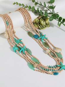 1pc Bohemian Ocean Holiday Style Acrylic Faux Starfish & Shell Multi-Layer Beaded Long Necklace, Suitable For Women Beach Vacation, Photography, Outfit - X-1672 Long Starfish Necklace - View 6