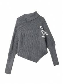Grey Asymmetrical Slouchy Batwing Sleeve High Neck Knit Sweater For Women, Winter - Grey - View 4