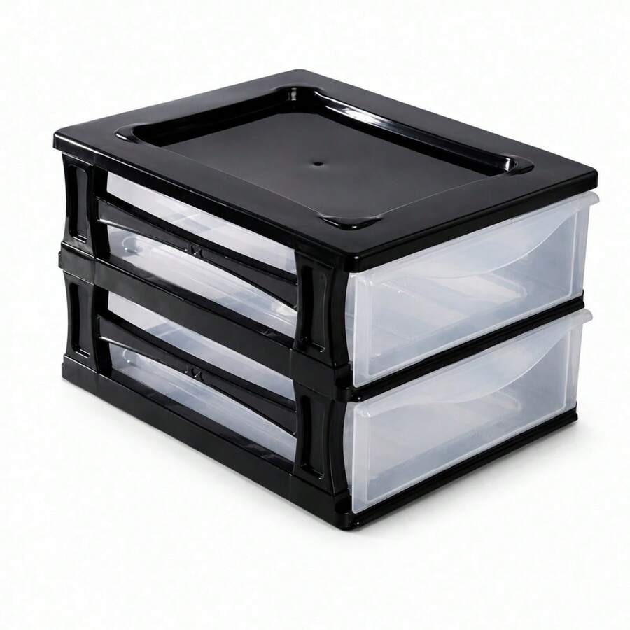 Desktop Organizer With 2 Transparent Drawers, Stackable PP Plastic Storage Unit For Cosmetics And Stationery, Modular Design, 35.5 X 26.5 X 20.5 Cm - 黑色 - 查看 1