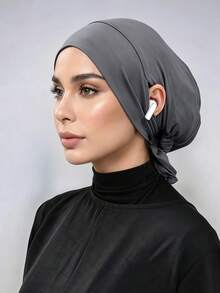 1pc Hijab Cap, Solid Color Silk Cotton Modal With Elastic Drawstring, Adjustable Tie, Upgraded Ear-Exposed Headscarf Inner Lining For Middle Eastern Arab Women, Suitable For Daily Wear - Coffee Brown - View 9