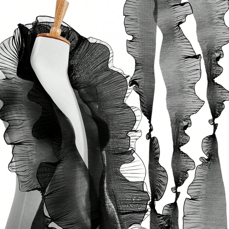2 Yards Pleated Organza White Black Large Wave Ruffle Lace Trim - Black - View 1
