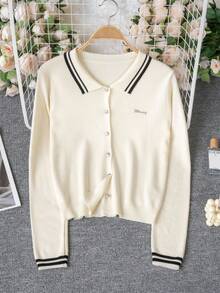 Autumn/Winter New Design Striped Polo Collar Preppy Style Knit Sweater Long Sleeve Women Sweet Girl Contrast Color Top Slim Fit Pullover Fall - Apricot - View 7