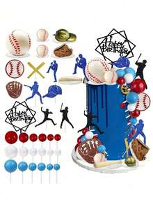 1 Set Baseball Theme Cake Decorations, Including Mini Baseball, Baseball Cap, Glove, Baseball Player Figurine, Happy Birthday Topper, Red Blue And White Foam Ball Cake Decor, Perfect For Baseball Theme Birthday Party Decoration, Men's Birthday Cake Decoration (Please Use With Tray And White Stick) - Multicolor - View 1