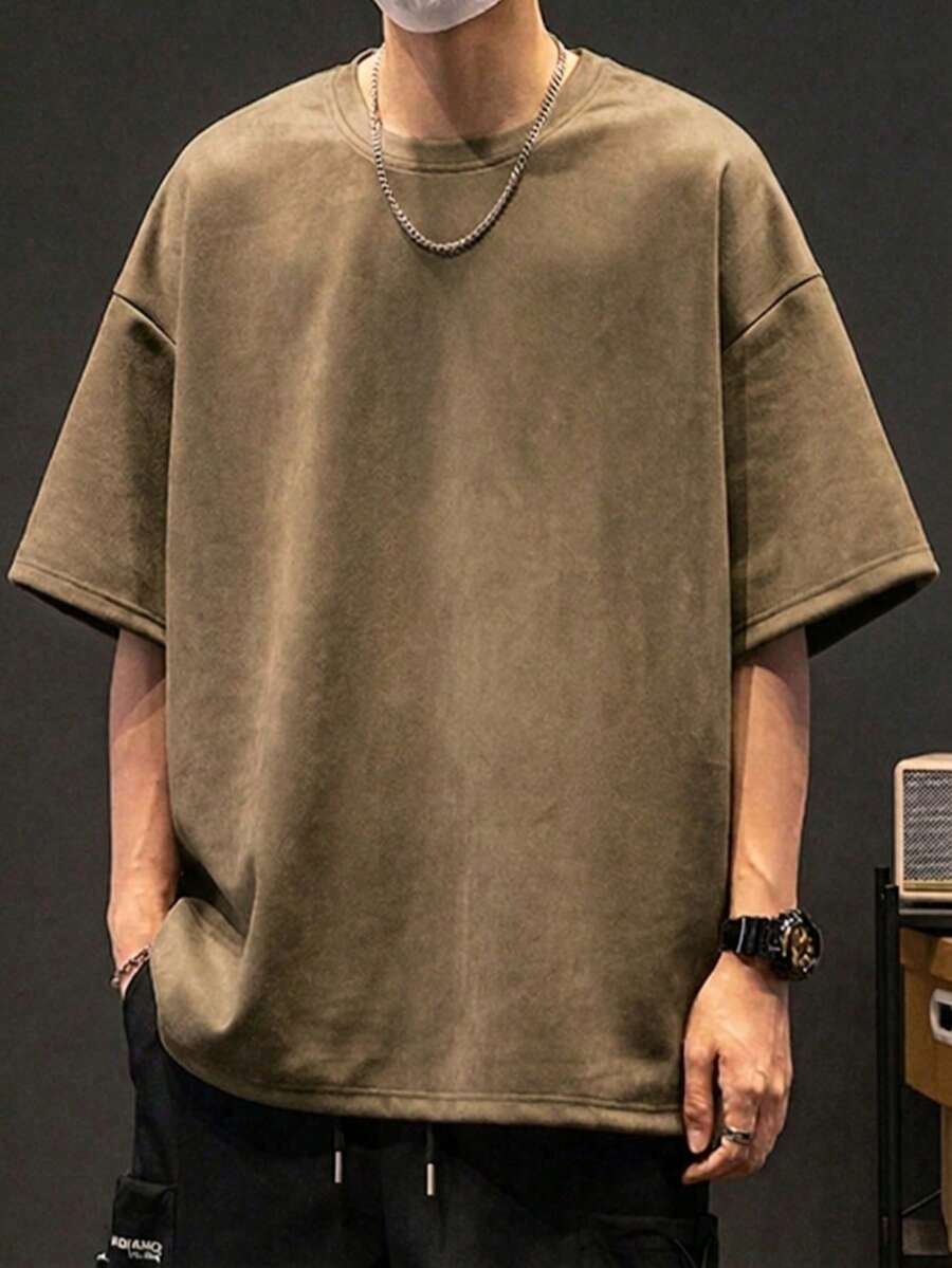 Men's Casual Simple Solid Color Drop Shoulder Loose T-Shirt - Brown - View 1