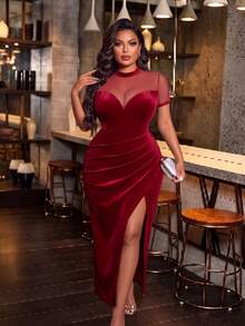 BIUBIU Plus Size Women's Elegant Maxi Dress, Round Neck Short Sleeve High Slit, Fitted Pleated Bodycon Prom Dress, Hoco Formal - Red - View 1