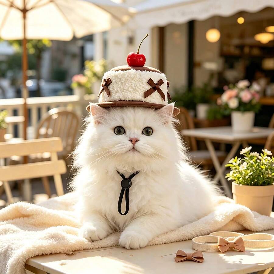 Cute Pet Cherry Cake Shaped Party Hat, Fun Bowknot Decor Puppy Kitten Cosplay Hat, Adorable Photo Prop Accessory, Suitable For Dog Cat Birthday Party Outfit - Multicolor - View 1