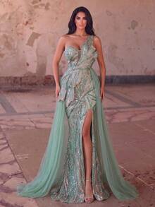 Premium Luxury Crystal Beaded Sequin One-Shoulder Evening Gown, High Slit Streamlined Tulle Overlay, Suitable For Red Carpet, Evening Party, Gala - Green - View 5
