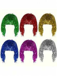6/1pc Metallic Glitter Wig, Shiny Plastic Party Wig, Suitable For Cosplay And Birthday Party, No Feathers, No Electricity Required, Multiple Colors In Stock - Multiple Styles - View 6