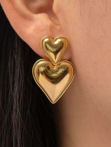 1 Pair Of Fashionable 18k Gold Plated Heart Pendant Earrings, Minimalist Design, Suitable For Daily Wear Valentines,Mom,Mother,Mother's Day,Gift - Gold - View 2