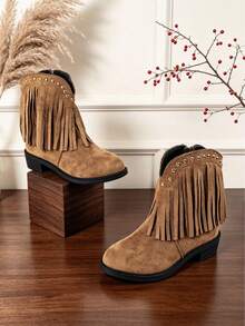 1 Pair Kids Western Style Fringe Ankle Boots, Rivet Decor Side Zipper Cowboy Boots, Children's Outfit Boots For Travel And Holiday Party Looks - Brown - View 8