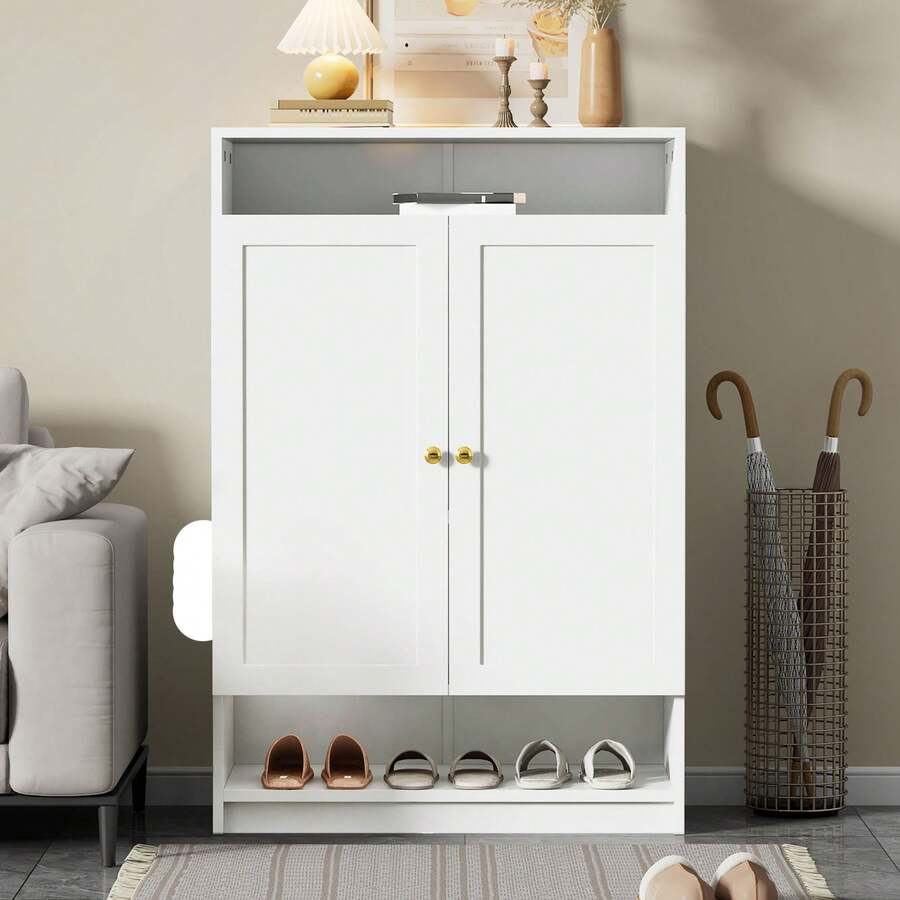 Flieks Modern Shoe Cabinet, With Adjustable Shelves, Gold Handles, 2-Door Shoe Dresser, White, B73/D34/H109 - White 1Pc - View 1