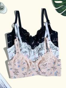 5pcs Set Artistic Floral Print Underwire Bra, Large Bust Minimizing, Side-Boob Smoothing, Push-Up, Plus Size Women's Lingerie With Patchwork Hollow Lace Trim - Multicolor - View 5
