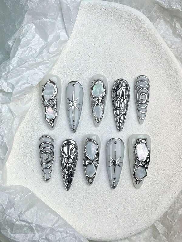 10pcs Pure Handmade Press On Nails, Y2k Cyber Cool Style, Silver Metal Texture, Iridescent Shell & Star Spiral Decor Patterns For Women And Girls, Spring Summer Fall Winter Festivals Party And Daily Life Use