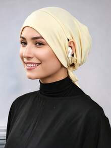 1pc Hijab Cap, Solid Color Silk Cotton Modal With Elastic Drawstring, Adjustable Tie, Upgraded Ear-Exposed Headscarf Inner Lining For Middle Eastern Arab Women, Suitable For Daily Wear - Coffee Brown - View 4