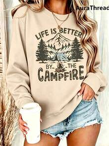 Suéter gráfico de campamento para mujer - "La vida es mejor junto a la fogata" Diseñ de montaña y árbol de pino, suéter de cuello redondo cálido para otoño e invierno, de elastici - Albaricoque 3 - Ver 1