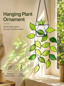 Green Plant Window Suncatcher, Colorful Glass Window Hanging Decor, Handmade Faux Plant Stained Glass Panel Suncatcher, Suitable For Plant Lovers, Unique Home Decor - Multiple Styles - View 1