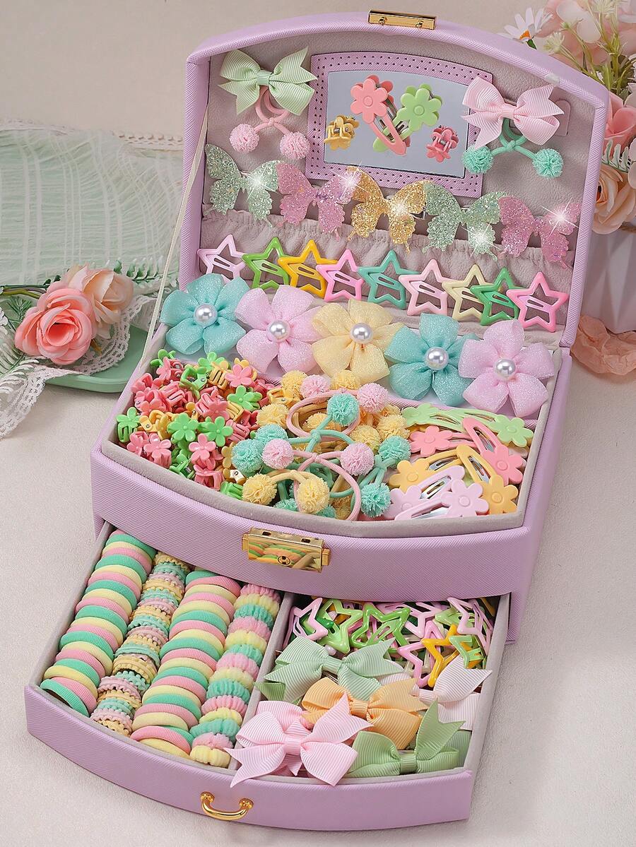 172pcs Spring/Summer Pastoral Style Hair Accessories Set For Girls, Includes Bows/Pearl Glitter Mesh Flowers/Sequin Butterflies/Stars And Flower Hair Clips, Pom Pom Hair Ties And Multiple High Elasticity Basic Hair Ties, Mini Claw Clips. Suitable For Daily/Outing/Party Use. - Multicolor - View 1