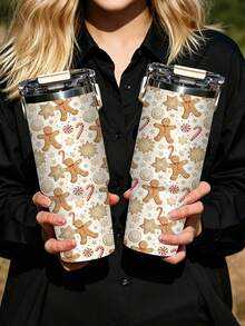 1pc/5pcs 30oz Stainless Steel Cup With Handle And Straw, Cute Christmas Gingerbread Man Candy Cane Snowflake Print, Leak-Proof Flip Lid, Suitable For Travel, Work, Fitness And Daily Outdoor Use - Beige-gingerbread Man - View 9