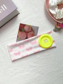 1pc Y2K Colorful Large Button Fabric Headband, Pink Plaid Bow Heart Print Wide Elastic Headscarf, Versatile Niche Hair Accessory For Girls - Multicolor - View 10