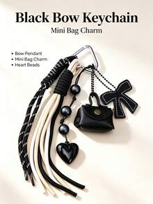 Color‑Block Woven Tassel Keychain, Mini PU Pouch Bag Charm With Heart & Bow Pendant, Aesthetic Bags Accessory Gift For Girls - Multicolor - View 1