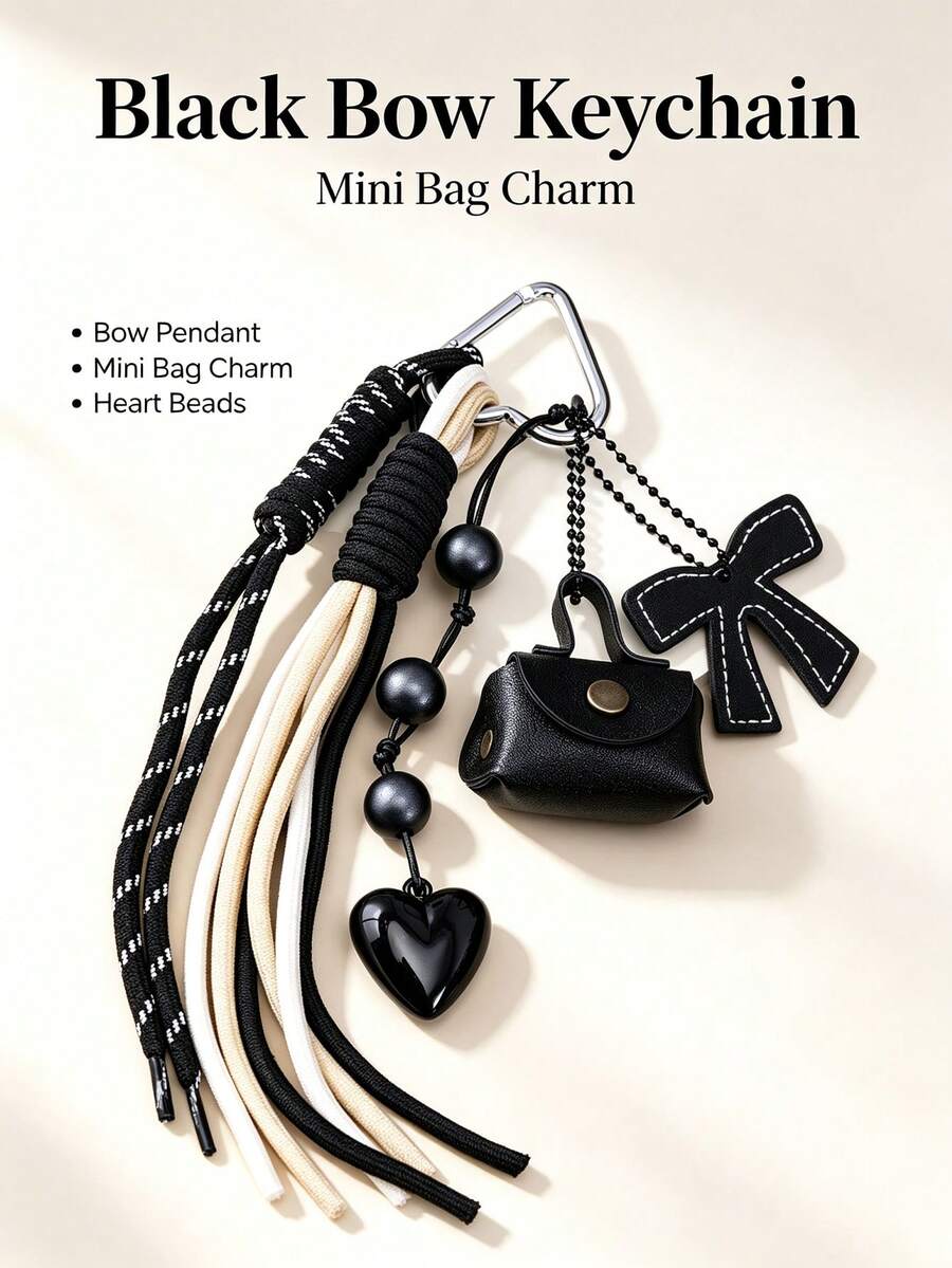 Color‑Block Woven Tassel Keychain, Mini PU Pouch Bag Charm With Heart & Bow Pendant, Aesthetic Bags Accessory Gift For Girls - Multicolor - View 1