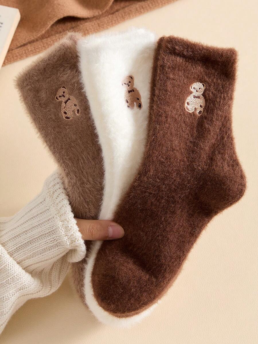 3 Pairs Warm & Comfortable Cute Bear Embroidery Pattern Women's Fuzzy Mid-Calf Socks, Suitable For Autumn/Winter - Multicolor - View 1