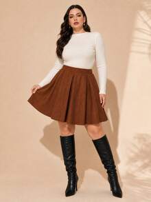 Rok Panjang Selutut Berlipit Model Mengembang dari Kain Tenun Ukuran Plus Gaya Vintage - Coklat - View 1