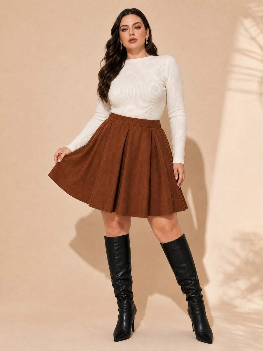 Rok Panjang Selutut Berlipit Model Mengembang dari Kain Tenun Ukuran Plus Gaya Vintage - Coklat - View 1