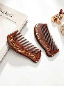 1pc/Portable Anti-Static Sandalwood Comb, New Chinese Style Gold-Painted Auspicious Cloud Pattern Curved Dolphin Handle Round Teeth No Scalp Scratching Scalp Massage Relaxing Hair Care Comb, Birthday Gift Valentine's Day Gift Daily Home Travel All Seasons - Portable Hair Comb - View 10